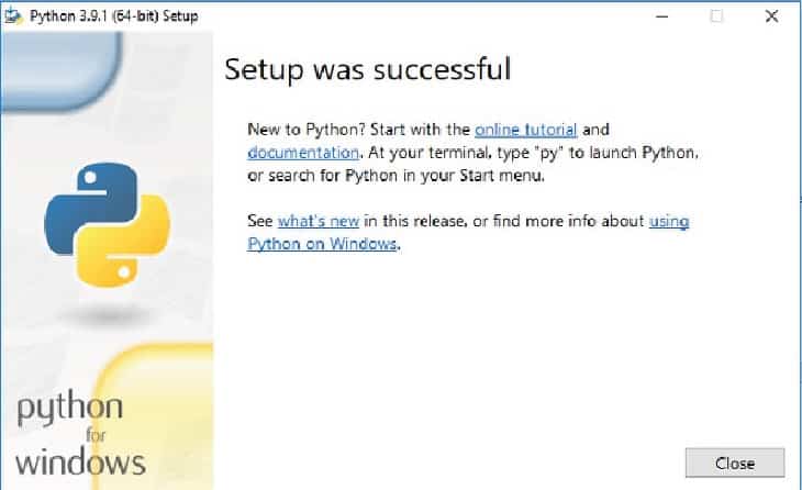 Sucessfully installed python on windows 10
