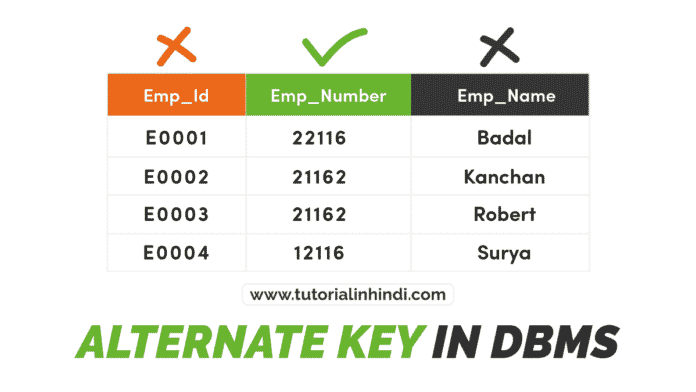 Alternate Key in DBMS in Hindi (with Example) - Tutorial in Hindi