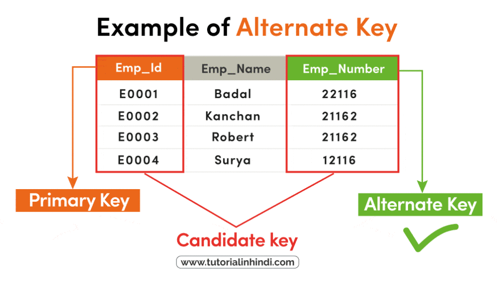 Example of alternate key in dbms in hindi